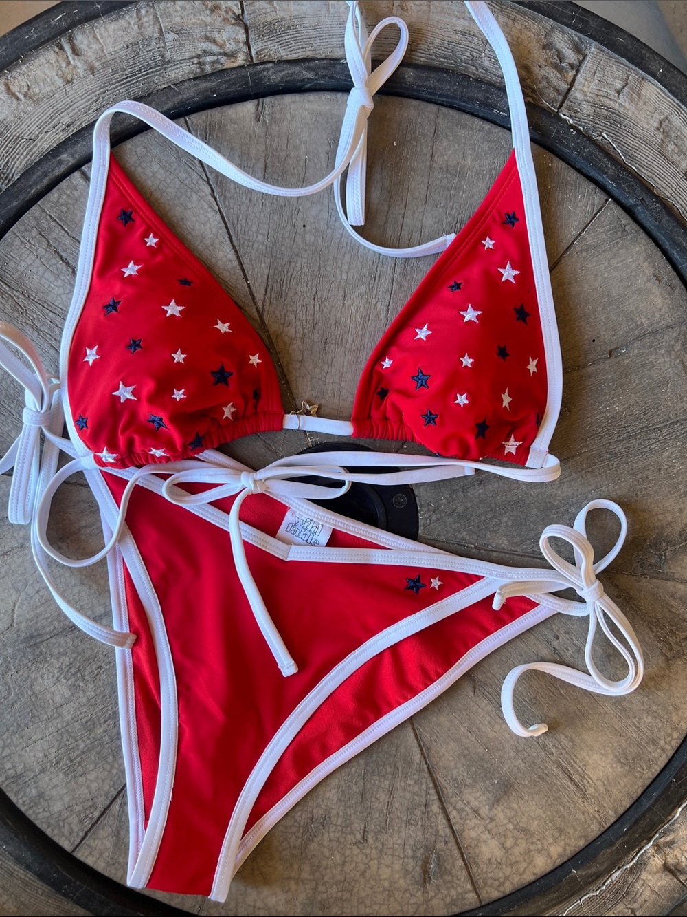Wild Fable Red Star Triangle Tie-Side Bikini with White Trim         B45
